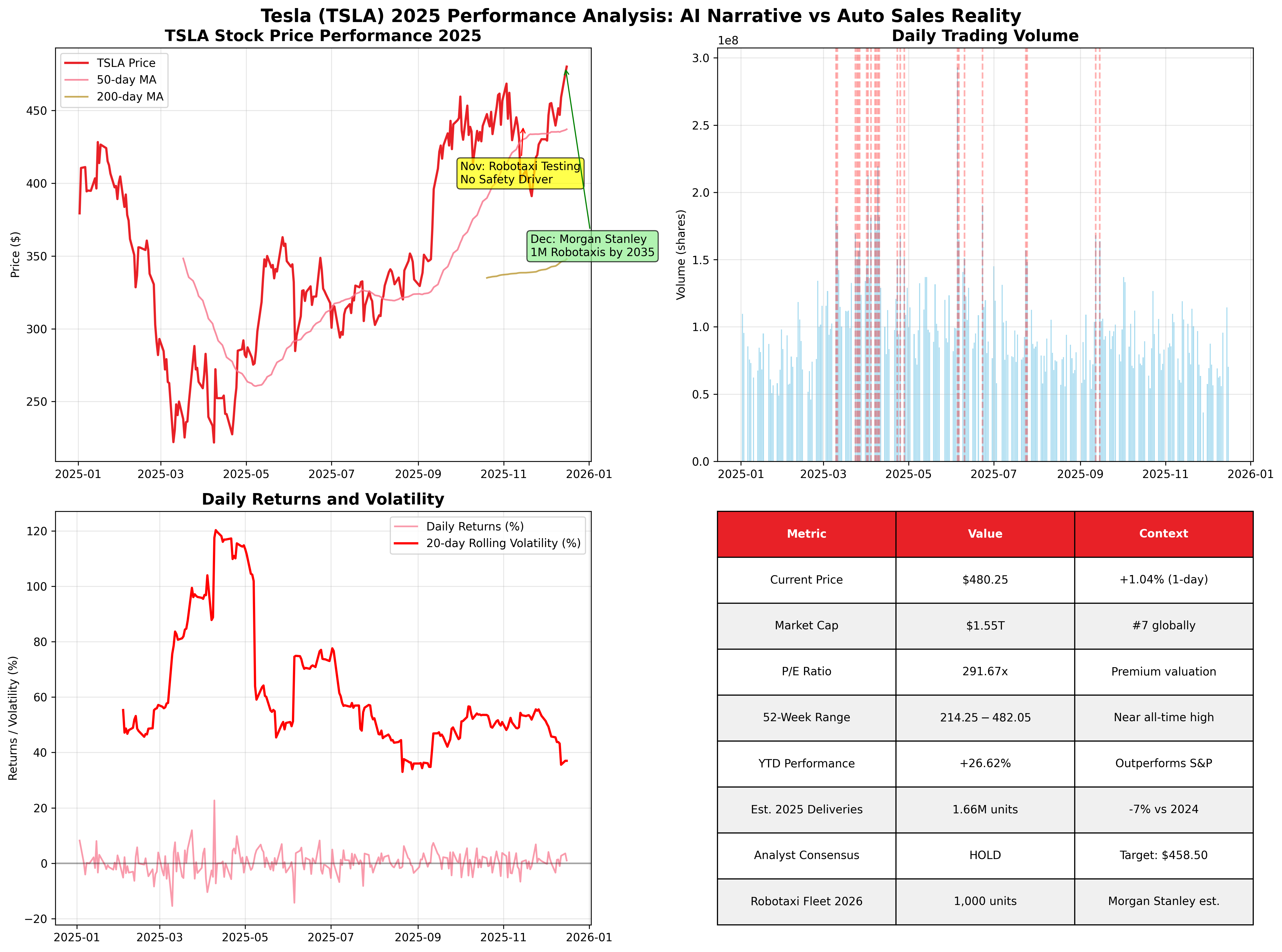 特斯拉综合分析图表：展示股票表现、交易量、波动性及关键指标面板